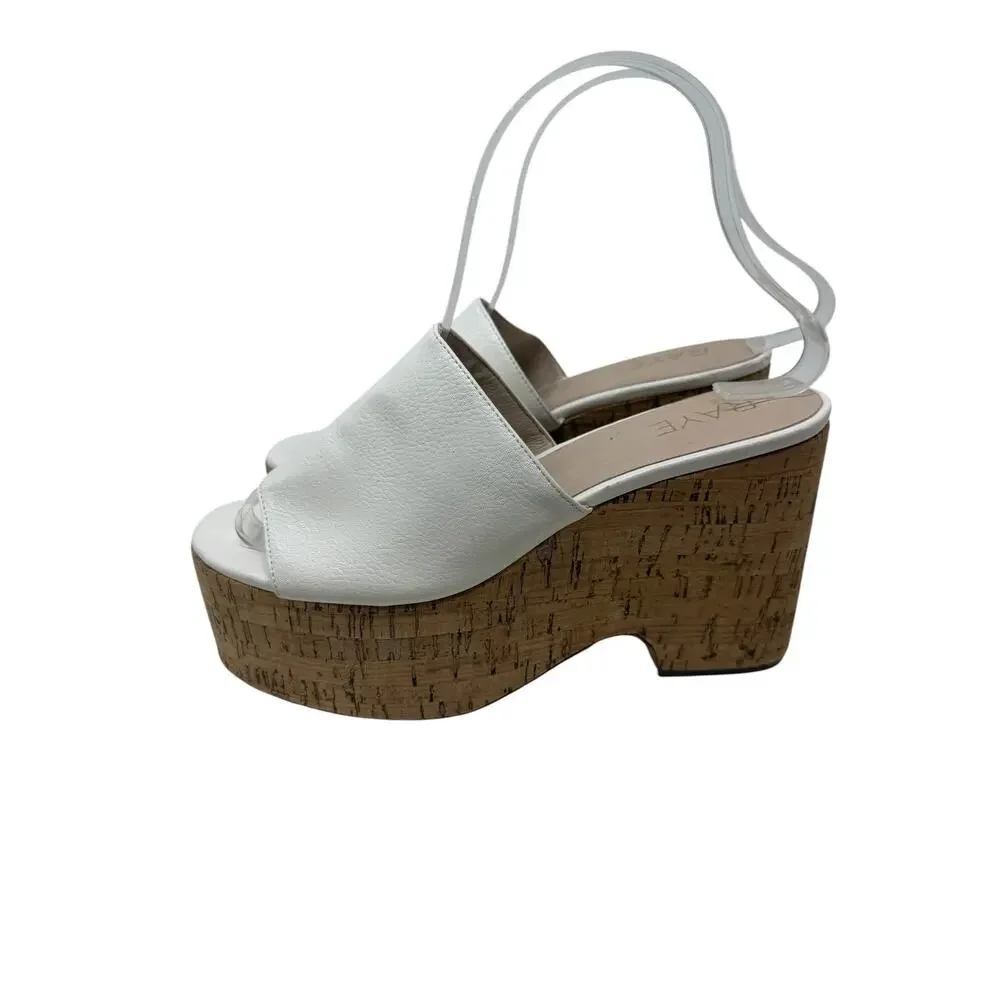 RAYE White Leather Cork Platform Sandals Chunky Block Heel Womens Size 7.5